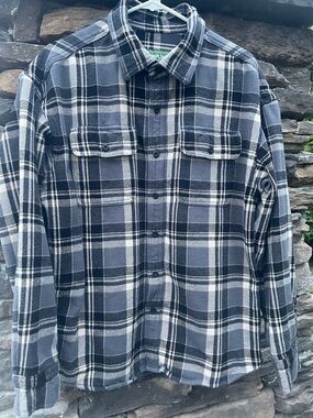 American Eagle Outfitters Black, Gray & Tan Plaid Button-Down Flannel